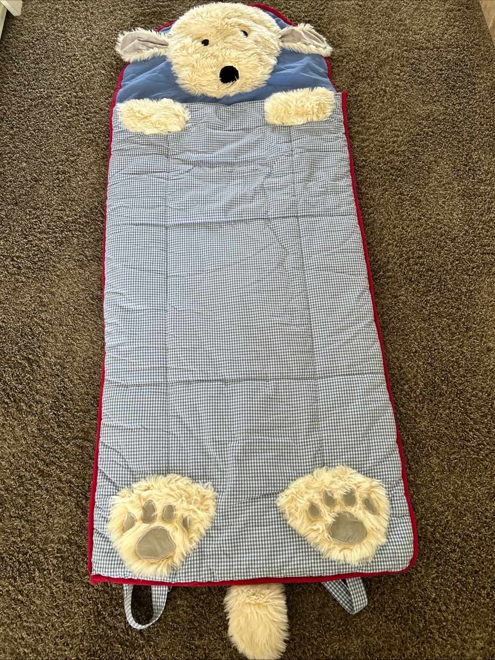 Pottery Barn Kids Shaggy Dog Sleeping Bag Blue White Check NO Monogram